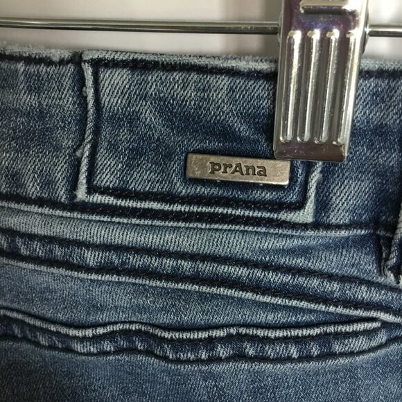 prAna Jeans Button Front Mid Rise Skinny Style Sz 2 Dropped Hem Medium Wash Blue - Picture 5 of 9
